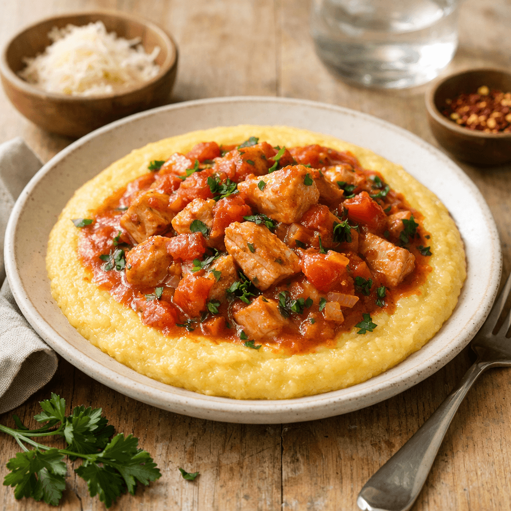 Polenta ligera con salsa de pollo